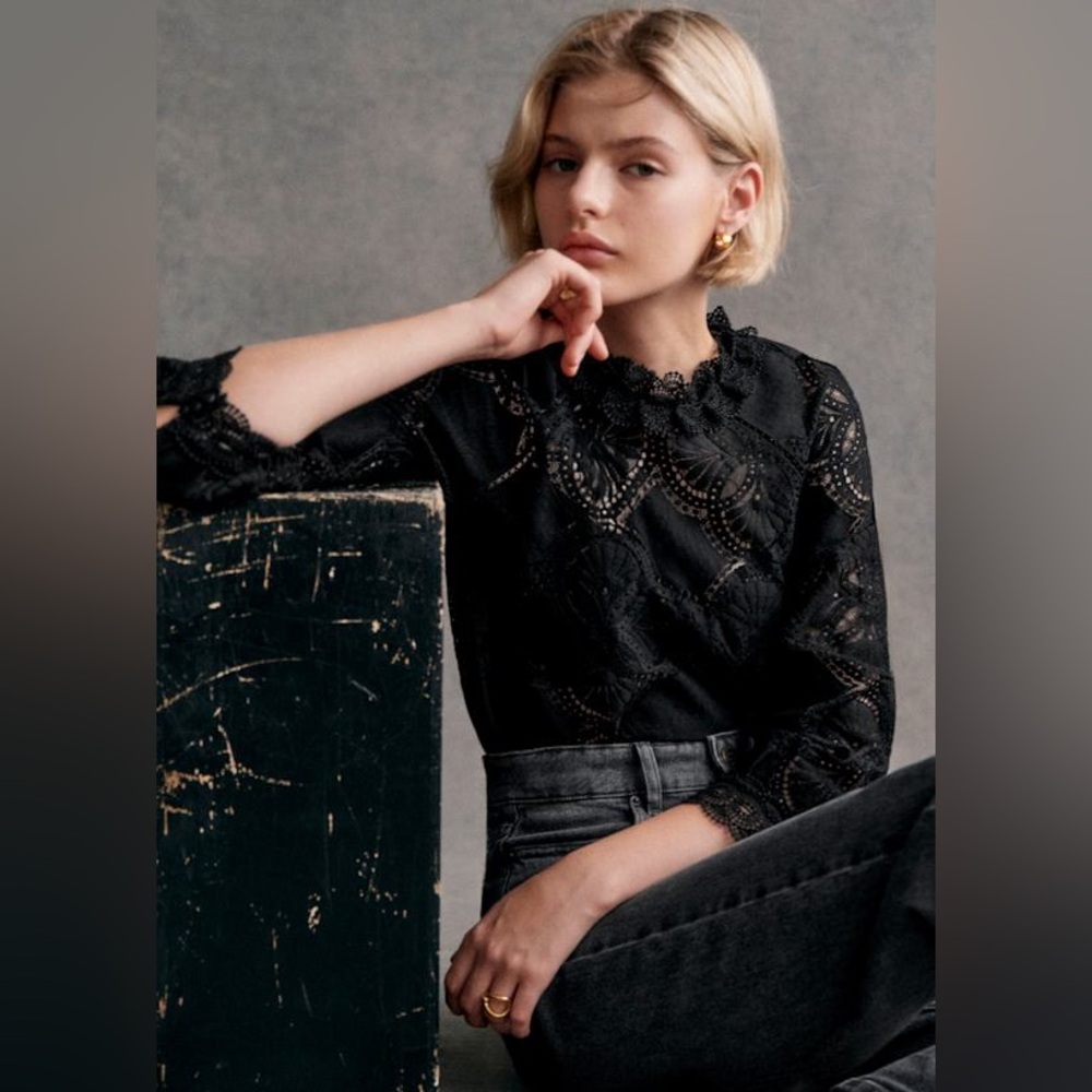 Sezane Bianca Blouse, Black Lacy Size 40 - Picture 4 of 4